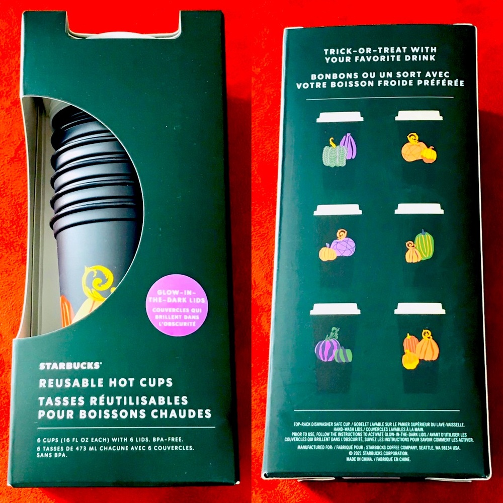 STARBUCKS 2021 New in Box GLOW in the DARK Reusable HALLOWEEN Hot CUPS Set of 6
